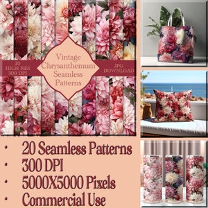 May include: 20 digital seamless patterns featuring vintage pink chrysanthemums.  The patterns are 5000x5000 pixels and 300 DPI.  Commercial use is allowed.