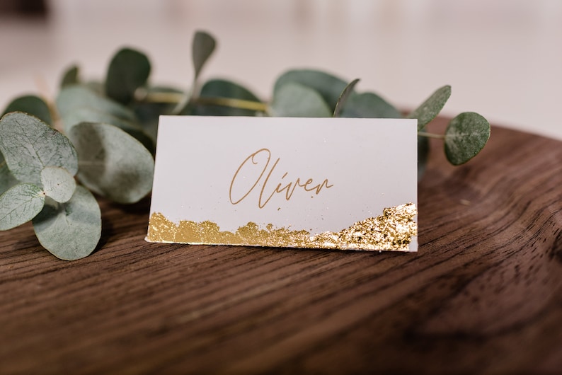 Luxury Gold Leaf Folded Wedding Name Card, Simple & Elegant Printed Place Card, Table Settings, Place Settings, Guest Names image 1