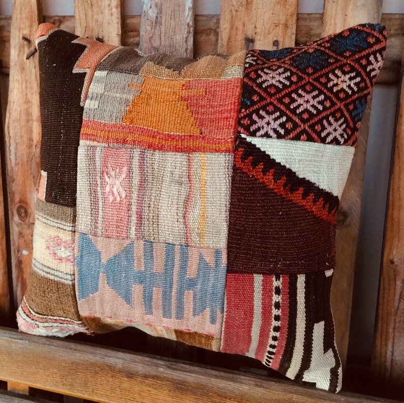 Patchwork Tribal Turkish Kilim Pillow,Livinroom Decoration 20x20 Colorful Handmade Carpet Rug Pillow,Kilim Pillow,Oushak Lumbar Pillow 1684