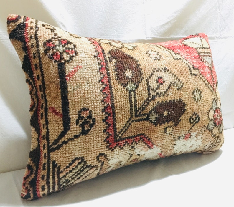 16x24 Tribal Turkish Rug Pillow,Handmade Vintage Lumbar Carpet Pillow,Wool Oushak Pillow,Hemp Kilim Pillow,Livingroom Decoration Pillow,1987