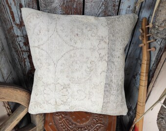 Tribal Turkish Handmade Vintage Wool Pastel Decorative Pillow,Oushak Rug Pillow,Livingroom Decoration,20x20 Sofa Throw Pillow,Hemp,2244