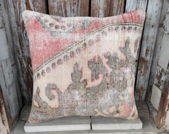 Tribal Turkish Rug Pillow,Handmade Vintage Carpet Pillow,20x20 Shabby Livingroom Decoration,Oushak Carpet Pillow,Hemp Pillow Case,2161