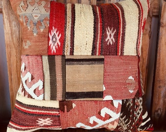 Tribal Turkish Kilim Pillow,Handmade Vintage Lumbar Rug Pillow,Wool Oushak Pillow,20x20 Livingroom Decoration Rug Pillow,Hemp Pillow,1107