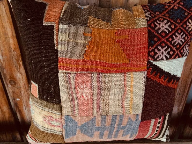 Patchwork Tribal Turkish Kilim Pillow,Livinroom Decoration 20x20 Colorful Handmade Carpet Rug Pillow,Kilim Pillow,Oushak Lumbar Pillow 1684