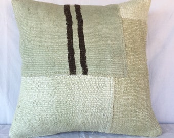 Tribal Turkish Hemp Pillow,Handmade Vintage Hemp Green Kilim Pillow,Livingroom Decoration 20x20 Oushak Carpet Black Striped Rug Pillow,1603