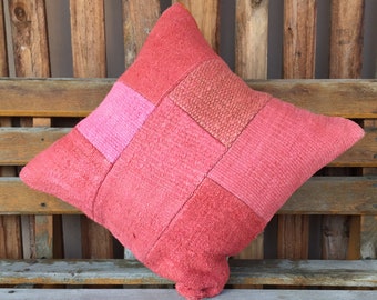 Hemp Patchwork Pillow,Turkish Hemp Pillow,20x20 Cushion,50 cm Square Sofa Decoration,Gift Pillow,Kilim Pillow,Red Minimalist Pillow,1152