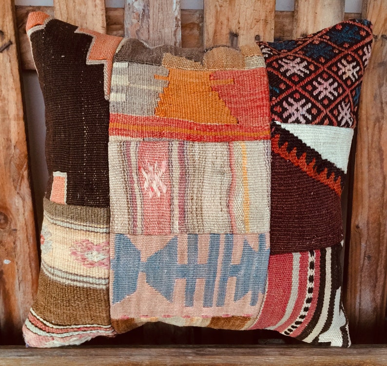 Patchwork Tribal Turkish Kilim Pillow,Livinroom Decoration 20x20 Colorful Handmade Carpet Rug Pillow,Kilim Pillow,Oushak Lumbar Pillow 1684