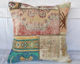 Tribal Turkish Rug Pillow,20x20 Handmade Vintage Wool Carpet Pillow,Livingroom Decoration Oushak Carpet Pillow,Hemp Kilim Pillow Case,2104