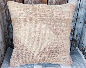Tribal Turkish Rug Pillow,Earthcolor 20x20 Handmade Vintage Wool  Carpet Pillow,Livingroom Decoration Oushak Rug Pillow,Cushion Cover,2128