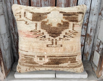 Tribal Turkish 20x20 Brown Shabby Rug Pillow,Handmade Vintage Lumbar Livingroom Decoration Pillow,Wool Oushak Carpet Pillow,Hemp Pillow,2154