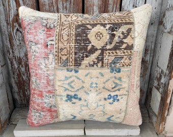 Tribal Turkish Handmade Vintage Wool Pastel Decorative Pillow,Oushak Rug Pillow,Livingroom Decoration,20x20 Sofa Throw Pillow,Hemp,2153