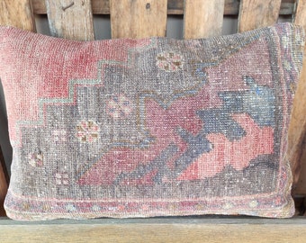 Tribal Turkish Handmade Vintage Wool Pale Decorative Lumbar Pillow,Oushak Rug Pillow,Modern Couch Cushion,16x24 Lumbar Pillow,Hemp,2216