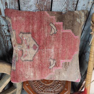 Pastel 20x20 Square Tribal Turkish Handmade Vintage Wool Red Brown Decorative Pillow,Oushak Rug Pillow,Modern Couch Cushion,Hemp Pillow,2243