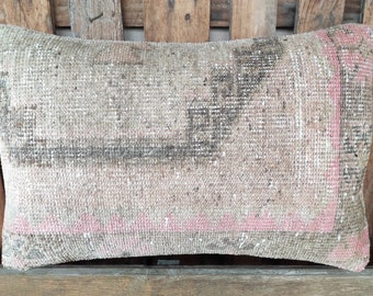 Tribal Turkish Rug Pillow,Handmade Vintage 16x24 Lumbar Carpet Pillow,Wool Vintage Decorative Oushak Carpet Pillow,Hemp Kilim Pillow,2172