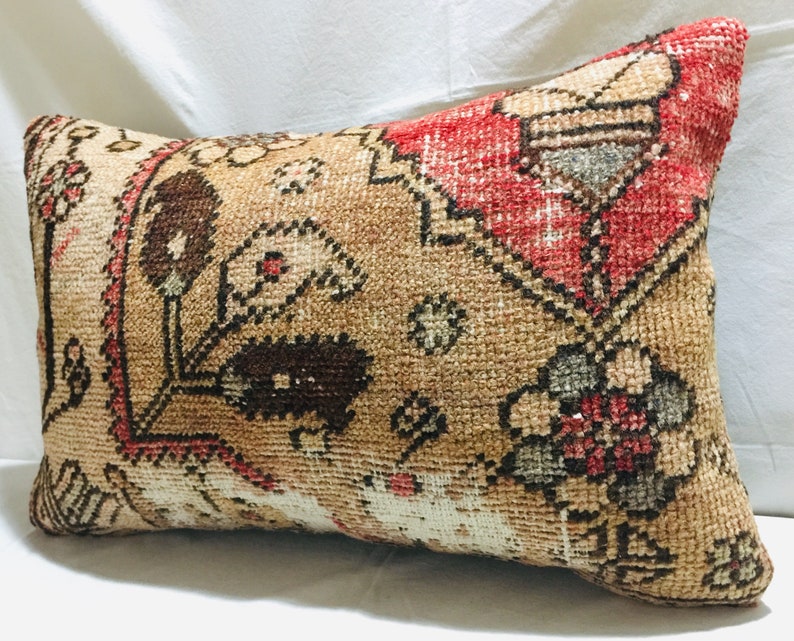 16x24 Tribal Turkish Rug Pillow,Handmade Vintage Lumbar Carpet Pillow,Wool Oushak Pillow,Hemp Kilim Pillow,Livingroom Decoration Pillow,1987
