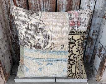Tribal Turkish Handmade Vintage Wool Pastel Decorative Pillow,Oushak Rug Pillow,Livingroom Decoration,20x20 Sofa Throw Pillow,Hemp,2131