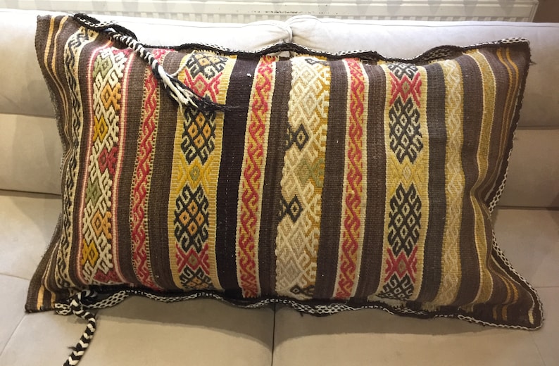 Large Boho Antique Grain Sack Pillow,Fire Place Lumbar Cushion Cover,Tribal Oushak Striped Kilim Pillow Case,Turkish Kilim Grain Sack,1983