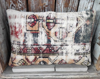 Tribal Turkish Rug Pillow,Handmade Vintage Lumbar Carpet Pillow,Wool Vintage Pillow,Oushak Carpet Pillow,Hemp Pillow,Rug Kilim Pillow,2137