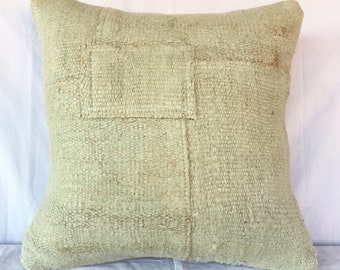 Green Hemp Pillow,20x20 Livingroom Decoration Cushion Cover,Throw Pillow,Tribal Patchwork Turkish Kilim Pillow,Oushak Carpet Pillow,1617