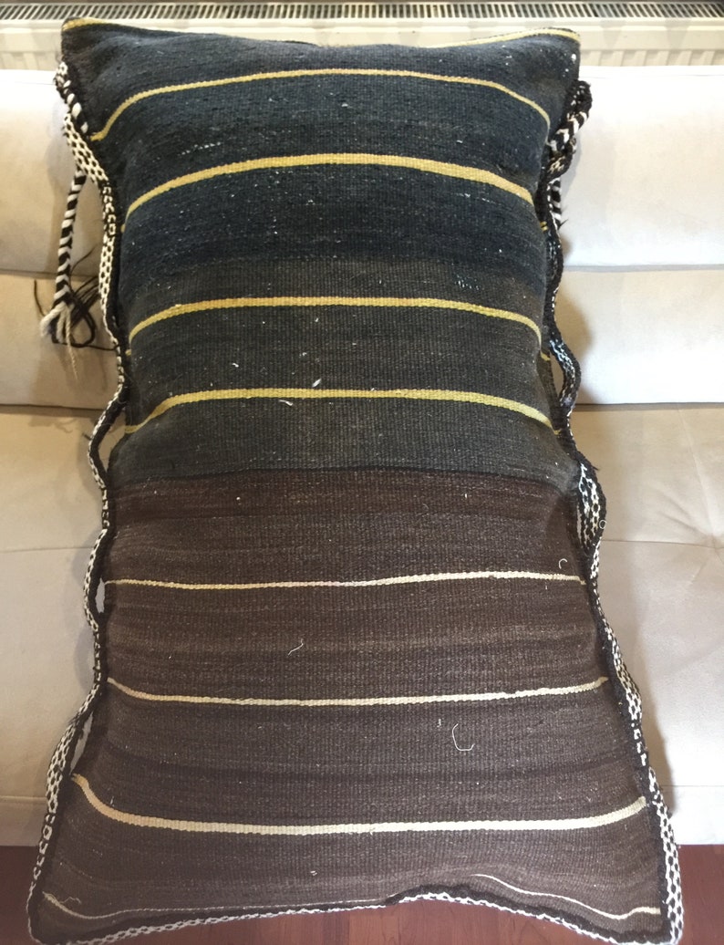 Large Boho Antique Grain Sack Pillow,Fire Place Lumbar Cushion Cover,Tribal Oushak Striped Kilim Pillow Case,Turkish Kilim Grain Sack,1983