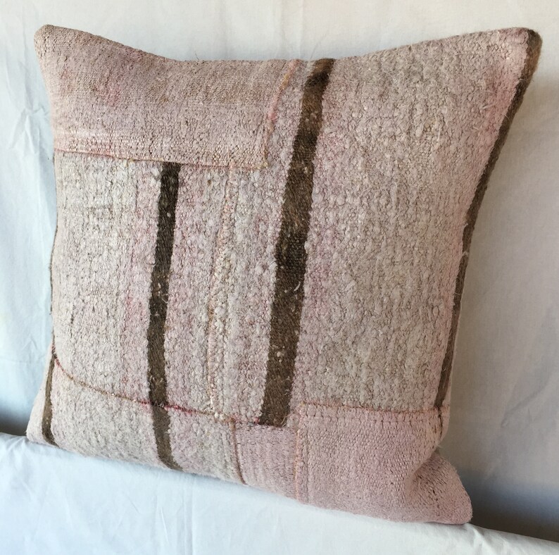 Striped Pink Tribal Turkish Hemp Pillow,Handmade Vintage Kilim Hemp Pillow,Livingroom Decoration Oushak Rug Pillow,Cushion Cover,Hemp,1561