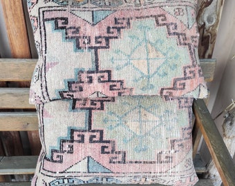 Tribal Turkish Red Green 16x24 Matching Lumbar Rug Pillow,Handmade Vintage Lumbar Rug  Pillow,Wool Vintage Pillow,Oushak Carpet Pillow,2201