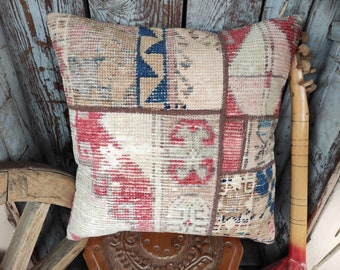Tribal Turkish Rug Pillow,Handmade Vintage Carpet Pillow,Wool 20X20 Oushak Carpet Pillow,Decorative Modern Rug Kilim Hemp Pillow Case,2235
