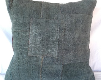 Navy Blue Livingroom 20x20 Decorative Handmade Vintage Turkish Kilim Hemp Pillow,Modern Handmade Tribal Denim Kilim Cushion,Hemp Pillow,1570