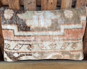 Tribal Turkish Rug Pillow,Handmade Vintage 16x24 Lumbar Carpet Pillow,Wool Vintage Pillow,Ushak Carpet Pillow,Hemp Pillow,Kilim Pillow,2215