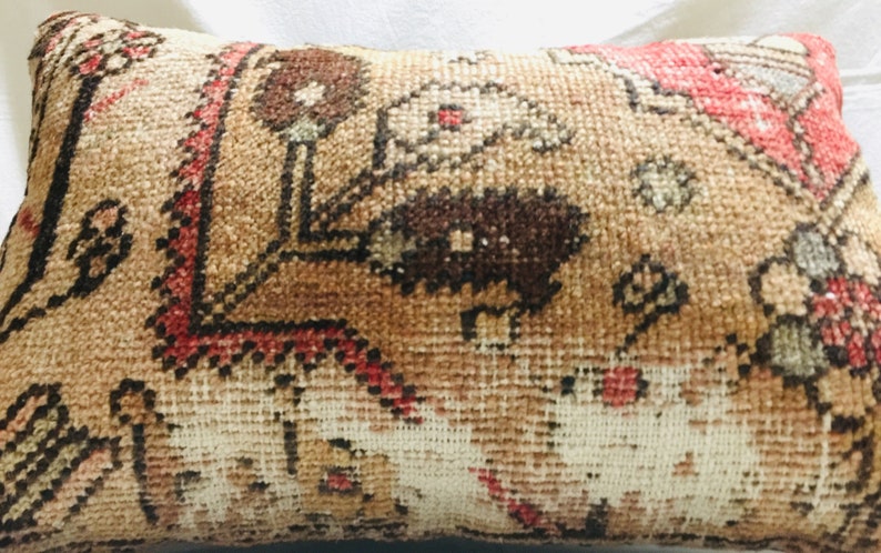 16x24 Tribal Turkish Rug Pillow,Handmade Vintage Lumbar Carpet Pillow,Wool Oushak Pillow,Hemp Kilim Pillow,Livingroom Decoration Pillow,1987
