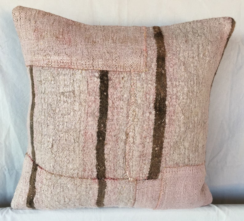 Striped Pink Tribal Turkish Hemp Pillow,Handmade Vintage Kilim Hemp Pillow,Livingroom Decoration Oushak Rug Pillow,Cushion Cover,Hemp,1561