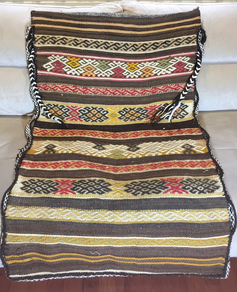 Large Boho Antique Grain Sack Pillow,Fire Place Lumbar Cushion Cover,Tribal Oushak Striped Kilim Pillow Case,Turkish Kilim Grain Sack,1983