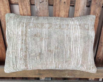 Handmade Vintage Lumbar Carpet Pillow,Tribal Turkish Rug Wool Oushak Pillow,Olive Green 16x24 Shabby Livingroom Decoration Pillow,2191
