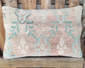Tribal Turkish Rug Pillow,Handmade Vintage Lumbar Carpet Pillow,Wool Vintage Pillow,Ushak Carpet Pillow,Hemp Pillow,Kilim Pillow Case, 2194