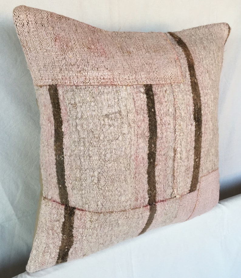 Striped Pink Tribal Turkish Hemp Pillow,Handmade Vintage Kilim Hemp Pillow,Livingroom Decoration Oushak Rug Pillow,Cushion Cover,Hemp,1561