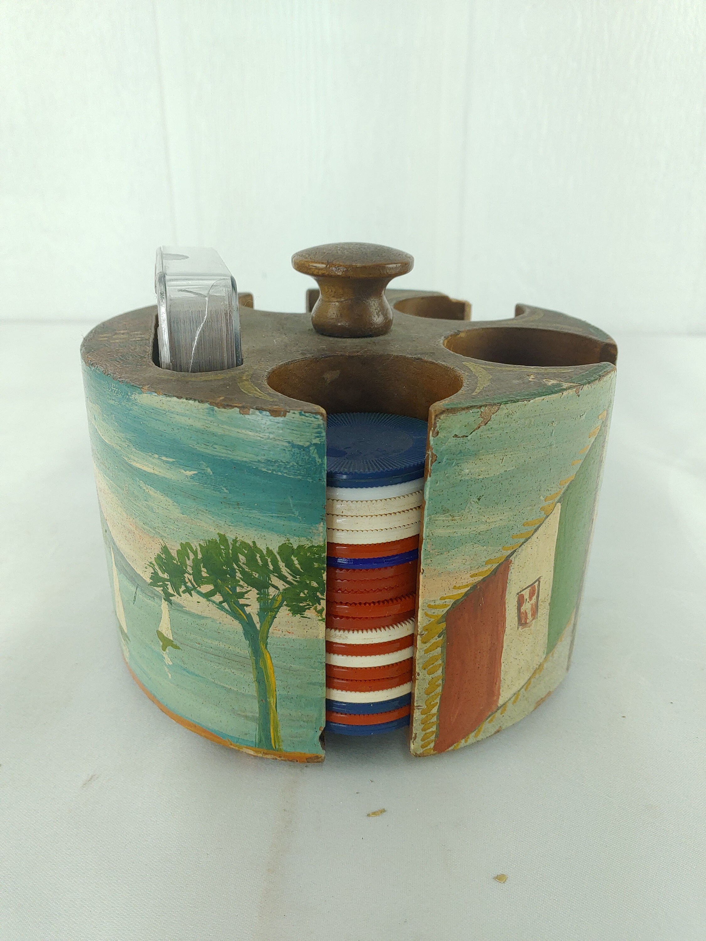 Vintage Wooden Poker Chip Card Holder Round Hand Painted with Etsy
