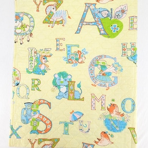 Vintage Baby Blanket Yellow Alphabet Theme Retro Kitsch Nursery 39&quot; x 49&quot;