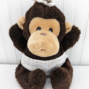 1987 Dakin Brown Monkey Plush 10" Stuffed Animal Cloth Diaper & Bow Vintage