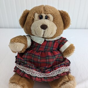 Könnte beinhalten: Ein Teddybär aus Plüsch mit braunem Fell und einem roten karierten Kleid. Das Kleid hat eine weiße Spitzenborte und einen weißen Kragen. Der Bär hat eine braune Nase und große schwarze Augen. Der Bär sitzt aufrecht.