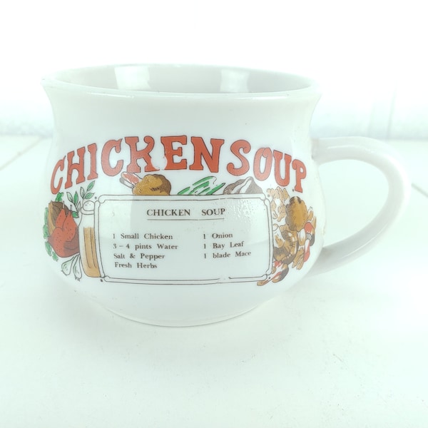 Vintage Chicken Soup Recipe Bowl with Handle Ceramic Mug Kitsch Retro