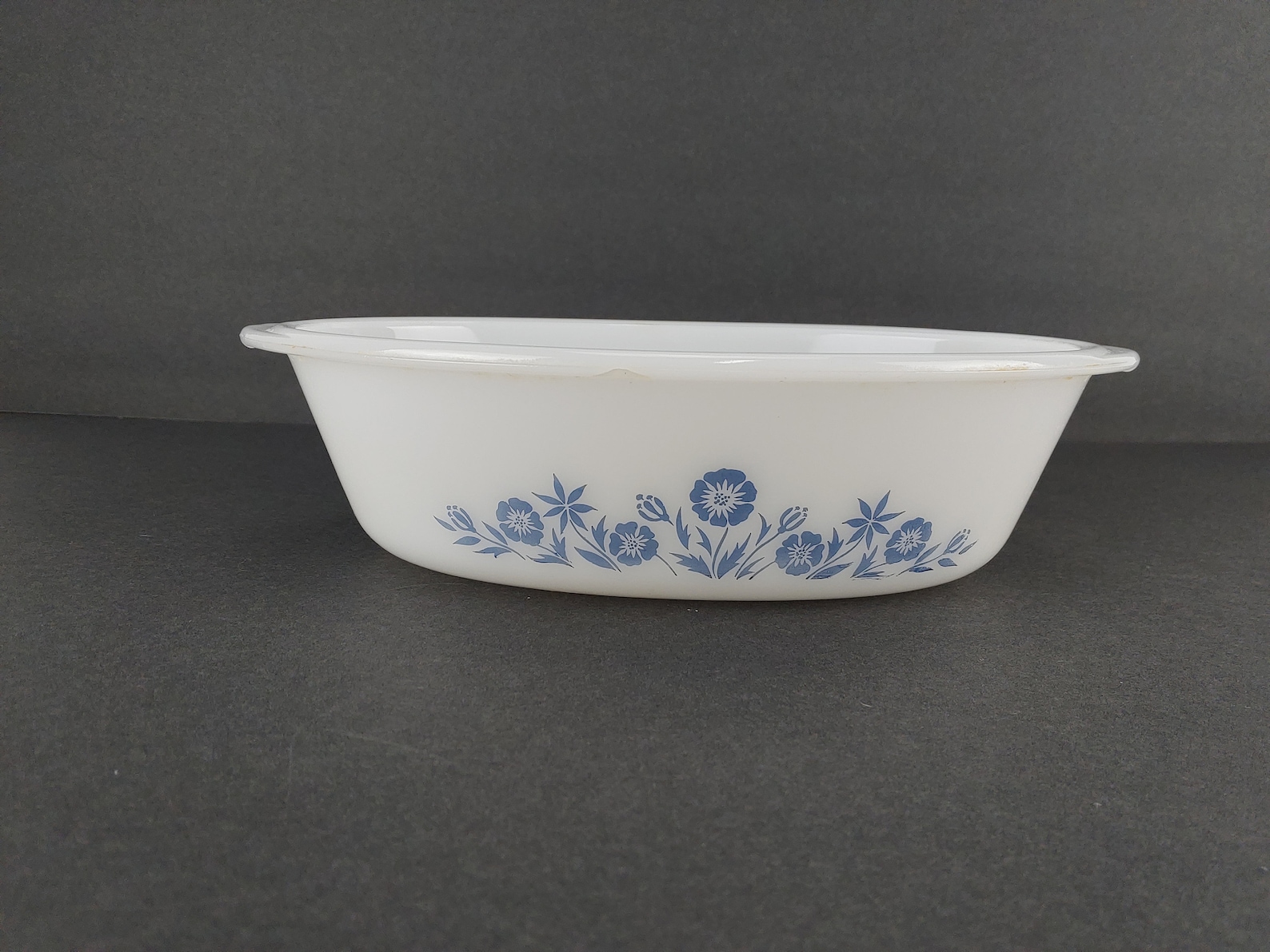 Vintage Ovenware Glass Oval Casserole Dish White Blue Flowers Etsy