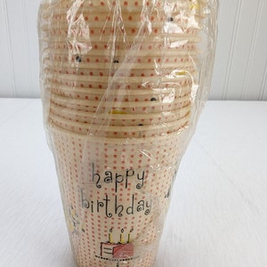 Vintage Paper Art Happy Birthday Cups 12 Count Retro Kitsch 9oz