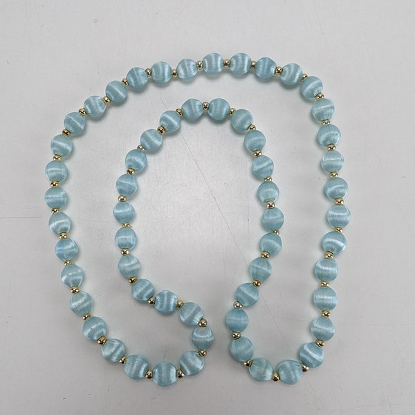 Vintage Spun Silk Thread Wrapped Bead Necklace Light Blue Gold Spacers Jewelry