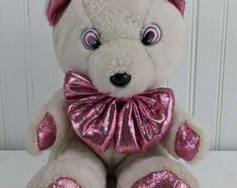 Peluche vintage blanche avec oreilles métalliques roses, nœud, mains, pieds, 9 po.