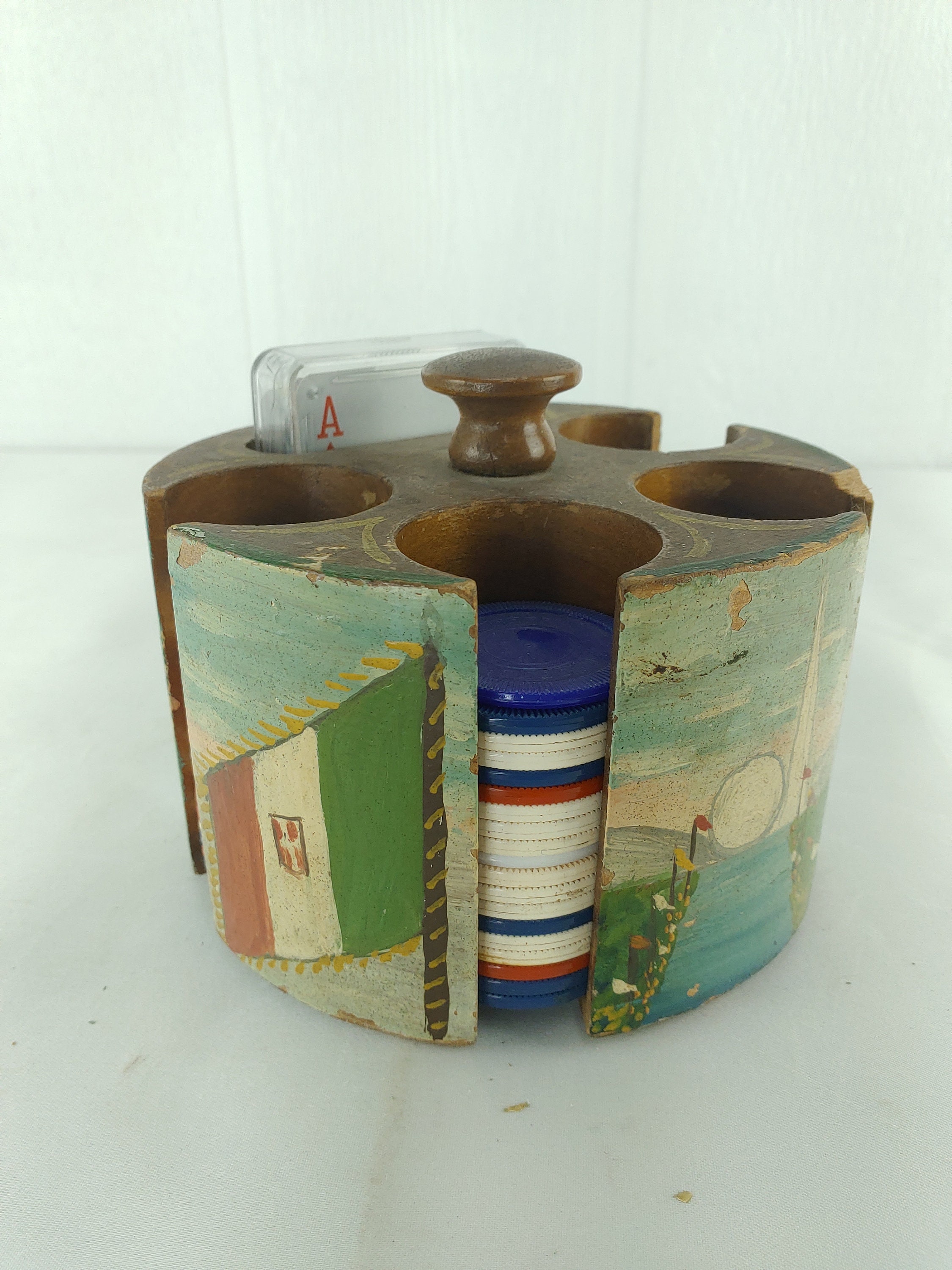 Vintage Wooden Poker Chip Card Holder Round Hand Painted With Etsy