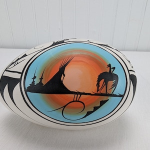 Vintage Egg Hand Painted by Native Americans Signed 6&quot; USA Pottery Southwestern