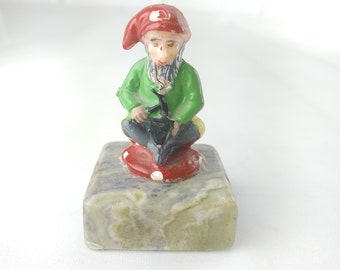 Vintage Gnome Elf Figurine On Mushroom Connemara Marble Base Ireland Mini 2 3/8"