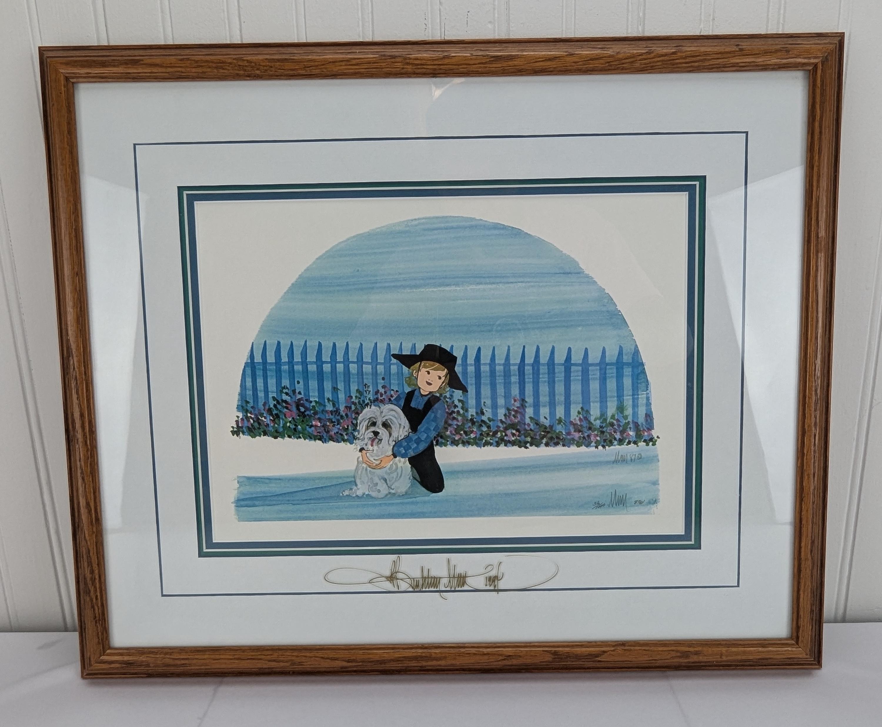 P. Buckley Moss モス 額装 ポスター カリグラフィー アート Vintage P Buckley Moss Framed Print Boy With Dog Numbered 36/1000