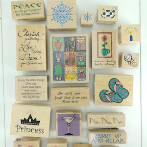 Sellos de goma surtidos Lote de 25 Cartón Elaboración Desguace Scrapbooking Montaje en madera