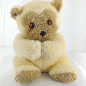 Vintage Beige Teddy Bear Plush 10&quot; Stuffed Animal Hook & Loop Hands Orange Eyes